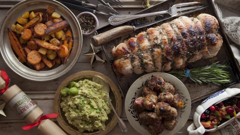 Christmas dinner: stuffed, boned crown of turkey with sprout mash and cider roasted roots