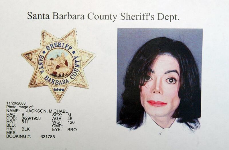 Michael Jackson: the late singer in his Santa Barbara County Sheriff’s Office mugshot, after he was accused of child molestation, in 2003. Photograph: Frazer Harrison/Getty