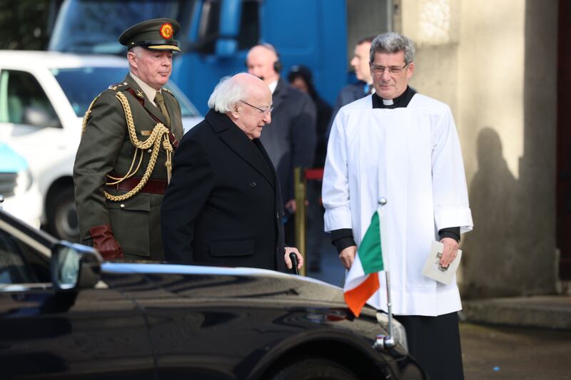 President Michael D Higgins arriving at the State funeral of former taoiseach, John Bruton at St Peter and Paul’s Church, Dunboyne, Co Meath, Photograph: Dara Mac Dónaill