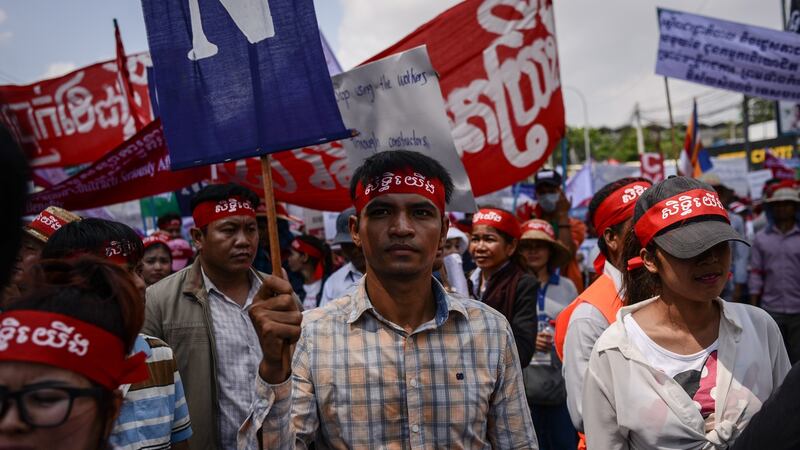 Garment workers stage a peaceful protest on May Day in 2017, calling for better wages, secure contracts and improved safety standards. Photograph: Lauren Crothers