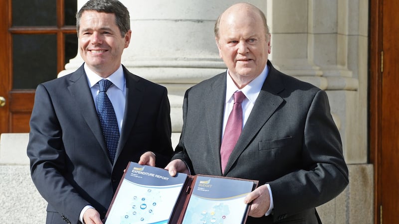 Minister for Finance Michael Noonan and Minister for Public Expenditure and Reform Paschal Donohoe present Budget 2017 at Government Buildings. Photograph: Eric Luke/The Irish Times