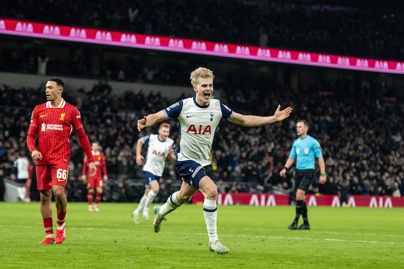 Lucas Bergvall celebrates scoring for Tottenham during the Carabao Cup semi-final first leg match against Liverpool on January 8th. Photograph: Sebastian Frej/MB Media/Getty Images