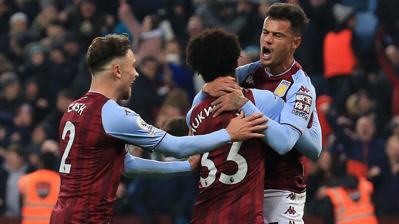 Aston Villa’s  Philippe Coutinho celebrates his goal against Manchester United at Villa Park. Photograph: Lindsey Parnaby/Getty Images)