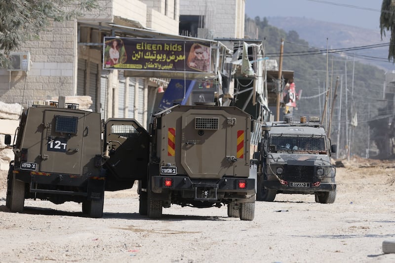 Israeli military vehicles during a raid in the Nur Shams refugee camp near the West Bank city of Tulkarem on Thursday. Photograph: Alaa Badarneh/EPA