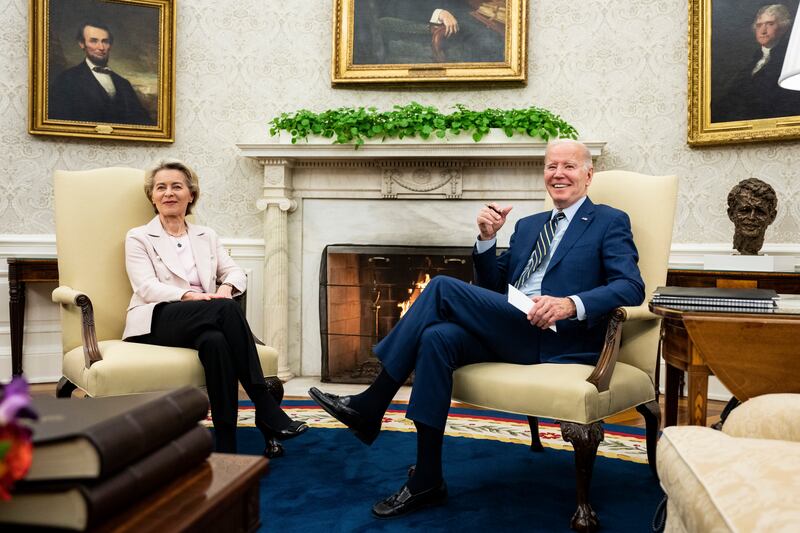 President Joe Biden with Ursula von der Leyen, president of the European Commission, in the Oval Office of the White House in March. Photograph: Haiyun Jiang/The New York Times