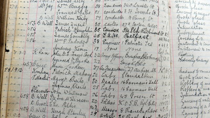 The names of James Connolly and James Larkin entered in a Dublin Metropolitan Police “prisoner book” concerning 30,000 people arrested in Dublin between 1905 and 1918. Photograph: Eric Luke/The Irish Times