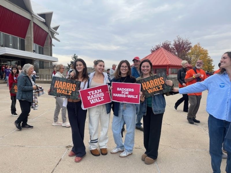 Democratic Party supporters (from left) Grace Gilman, Eliza Bankier, Zola Osman and Lia Kerrigan in Madison, Wisconsin, where Barack Obama and Tim Walz spoke on Tuesday. Photograph: Keith Duggan