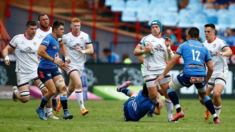 Ulster’s Luke Marshall is tackled during the United Rugby Championship match against Vodacom Bulls at  Loftus Versfeld Stadium in  Pretoria. Photograph: Steve Haag/Inpho