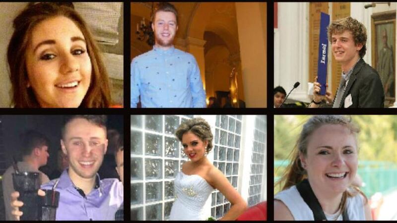 Berkeley victims from top left: Eimear Walsh, Eoghan Culligan, Lorcán Miller, Nick Schuster, Olivia Burke, and Ashley Donohue.