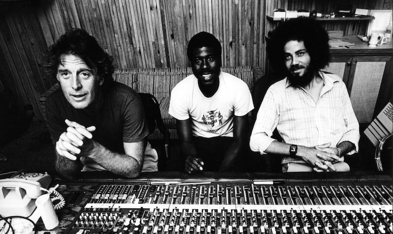 Chris Blackwell at Compass Point (Bahamas) Studio with engineer Steven Stanley (far right)