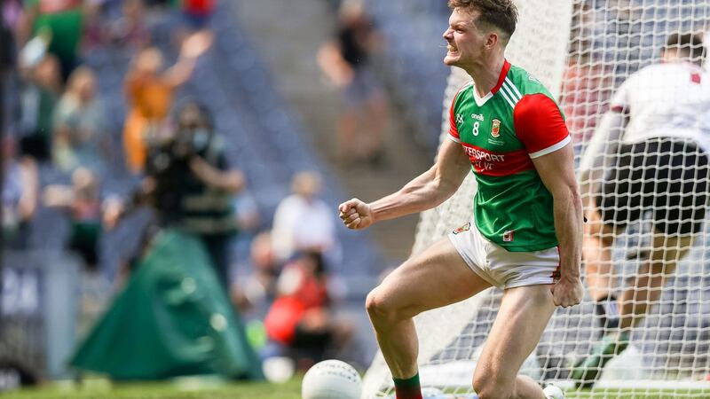 Mayo’s Matthew Ruane celebrates after scoring a superb individual goal against Galway in the Connacht final at Croke Park. Photograph: Tommy Dickson/Inpho