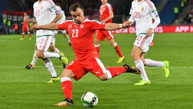 Switzerland’s Xherdan Shaqiri  in action during the qualifier against  Hungary at  St Jakob-Park stadium in Basel. Photograph: Gian Ehrenzeller/EPA