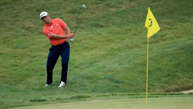 Jon Rahm of Spain chips in for birdie on the 16th hole during the final round of the Memorial Tournament  at Muirfield Village Golf Club in Dublin, Ohio. Photograph: Andy Lyons/Getty Images