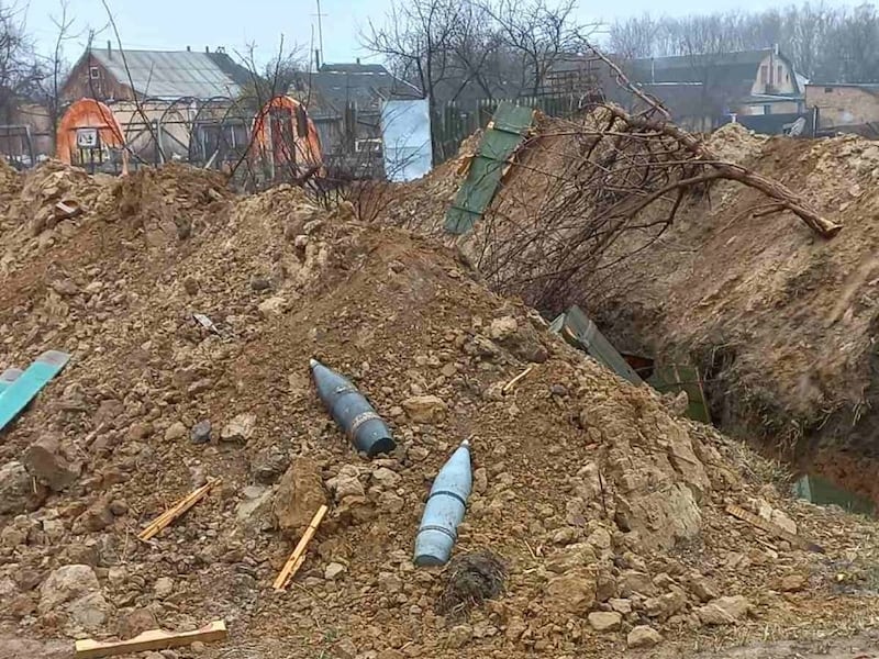 Russian military positions behind the ruins of Nelya Honchar's house in the village of Kozarovychi. Photograph courtesy of Nelya Honchar