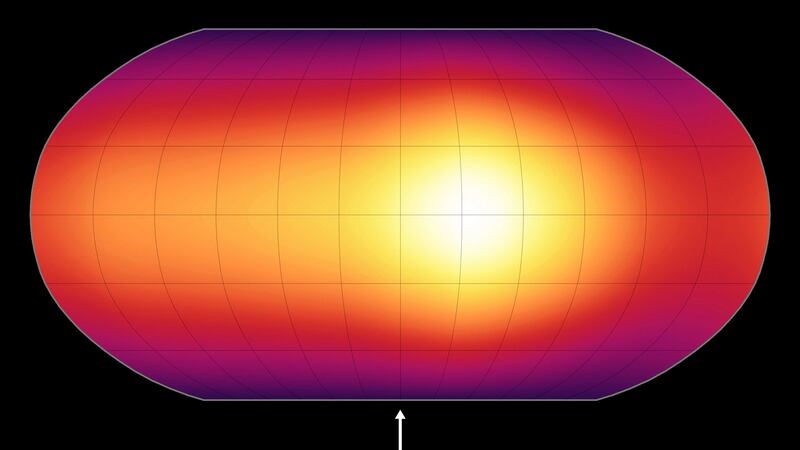 The first map of the surface of an exoplanet. The map, which shows temperature variations across the cloudy tops of a gas giant called HD 189733b, is made up of infrared data taken by Nasa’s Spitzer Space Telescope.  Map: Nasa