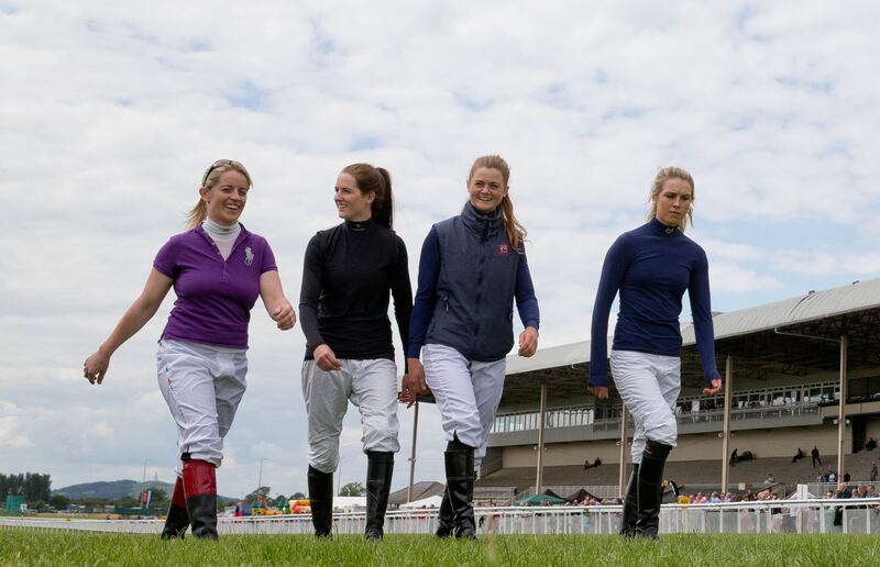 Jockeys Evanna McCutcheon, Rachael Blackmore, Katie O'Farrell and Aine O'Connor walking the course before the Macari's Of Kildare Ladies Derby Handicap in 2014. Photograph: Morgan Treacy/Inpho