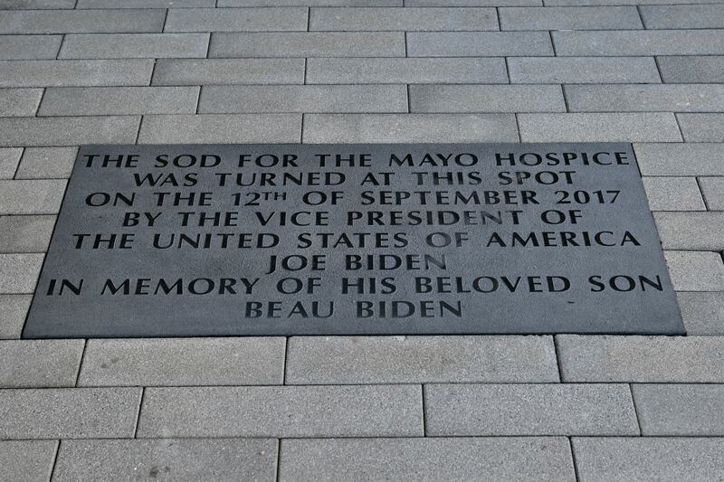 A plaque dedicated to President Joe Biden’s late son Beau Biden at the Mayo Roscommon Hospice in County Mayo, Ireland, on Friday, April 14, 2023. (Kenny Holston/The New York Times)