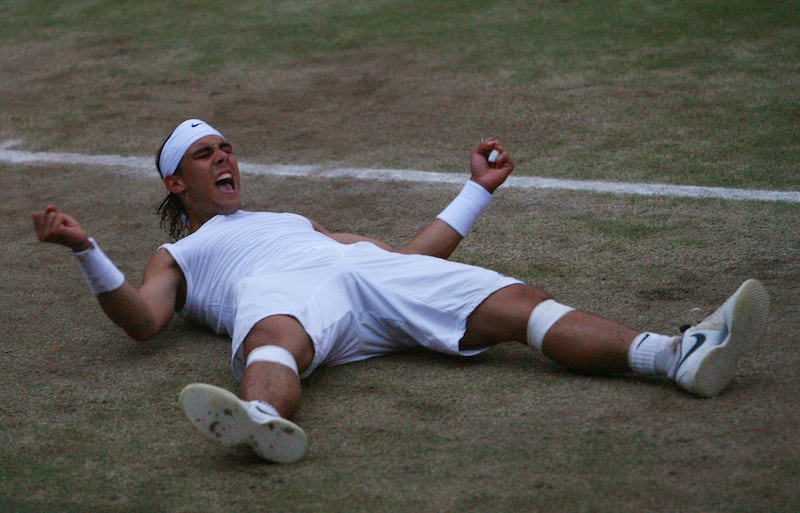 Rafael Nadal celebrates winning match point in the 2008 Wimbledon men's final against Roger Federer. Photograph: Julian Finney/Getty Images