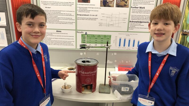 Displaying the calorimeter they built to test the efficiency of algae as a fuel source were Hugo Langan and Matthew English of Cross and Passion School in Co Kildare. Photograph: Kevin O’Sullivan