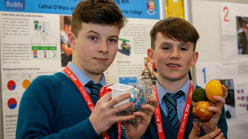 Cathal O’Mara and James O’Malley from Castletroy College, Limerick, whose  project, ‘Bin Buddy-A SMART sorting bin’ won the best group award in this year’s competition. Photograph: Crispin Rodwell/The Irish Times