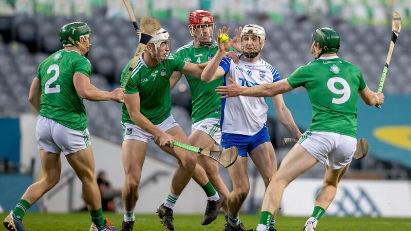 Waterford’s Jack Fagan is surrounded by Limerick players Seán Finn, Kyle Hayes, Barry Nash and Will O’Donoghue during the All-Ireland SHC Final at Croke Park. Photograph: Morgan Treacy/Inpho