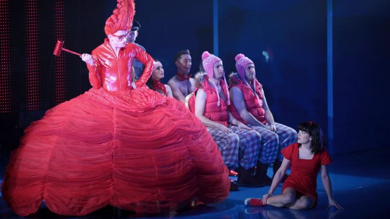 Alice in Funderland L-R Tony Flynn, Robert Bannon, Debbie Kiernan, Emmet Kirwan, Keith Hanna and Sarah Greene in the Abbey Theatre world premiere of ALICE IN FUNDERLAND, Book and Lyrics by Phillip Mc Mahon, Composed by Raymond Scannell, Directed by Wayne Jordan Pic by Richard Gilligan.