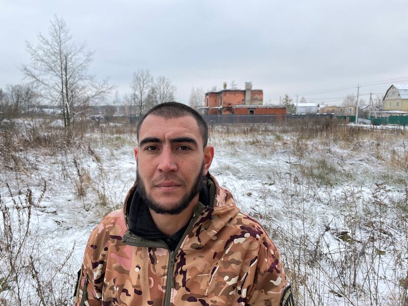 Vitaliy Huk (31) in the village of Moshchun near Bucha, which he helped to defend from Russian invasion earlier this year. Photograph: Daniel McLaughlin