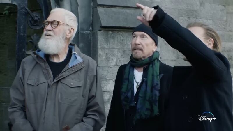 David Letterman in Dublin with the Edge and Bono of U2 for their Disney+ special