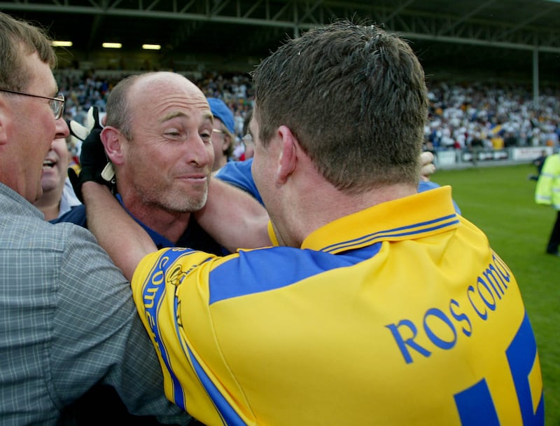 Roscommon's Frankie Dolan and manager Tommy Carr celebrate a round four qualifier win after extra-time over Kildare in July 2003. Photograph: Morgan Treacy/Inpho 