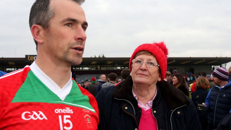 Garrycastle’s Dessie Dolan with his mother Irene after the game. Photograph: Lorraine O’Sullivan/Inpho