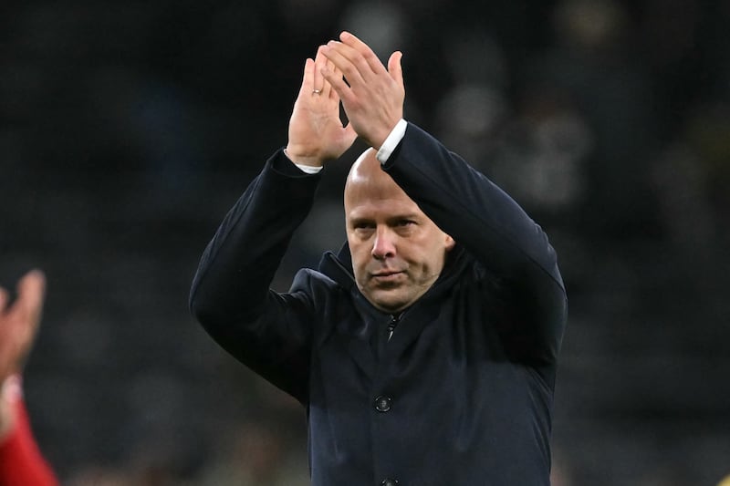 Liverpool manager Arne Slot applauding fans after the Premier League match against Spurs at Tottenham Hotspur Stadium, London, on December 22nd, 2024. Photograph: Glyn Kirk/AFP via Getty Images