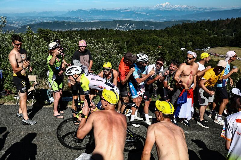 Wanty's German rider Georg Zimmermann cycles in the final ascent of Col du Grand Combier in the final kilometeres of the 13th stage of the 110th edition of the Tour de France between Chatillon-sur-Chalaronne in central-eastern France and Grand Colombier. Photograph: Anne-Christine Poujoulat/AFP/Getty Images