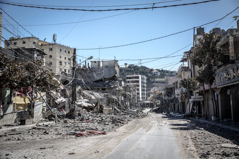 Rubble caused by air strikes in central Nabatieh. Photograph: Sally Hayden 