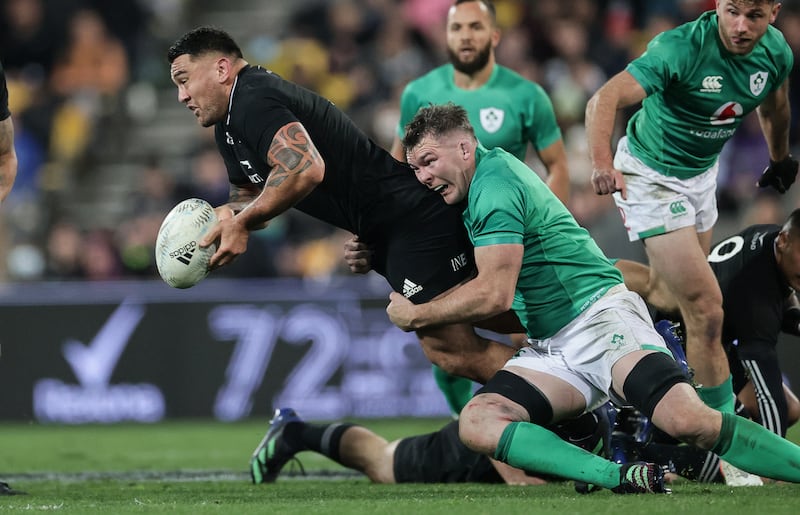 Ireland’s Peter O’Mahony with Codie Taylor of New Zealand. Photograph: Elias Rodriguez/Photosport/Inpho