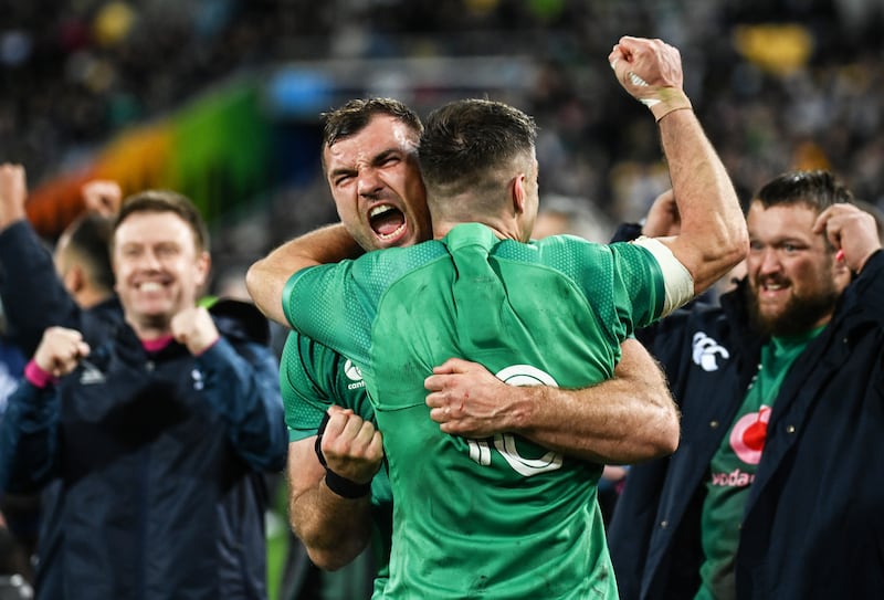 Johnny Sexton and Tadhg Beirne celebrate winning the Test series against New Zealand in 2022. Photograph: Andrew Cornaga/Inpho