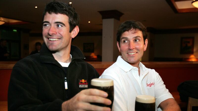 Gearoid Towey (left) and Ciarán Lewis  on their arrival back in Dublin after the Atlantic Challenge race. Photograph: Eric Luke