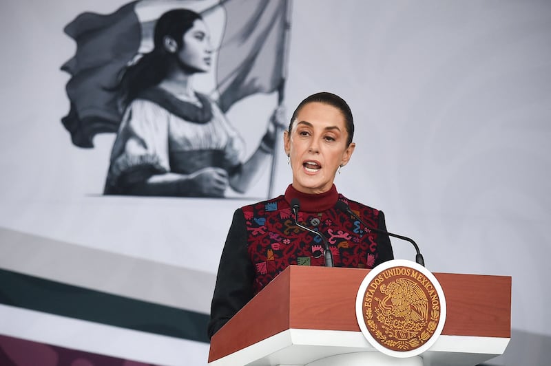 Mexico's president, Claudia Sheinbaum, speaking at a military parade commemorating the 114th anniversary of the Mexican Revolution in November. Photograph: Rodrigo Oropeza/AFP via Getty