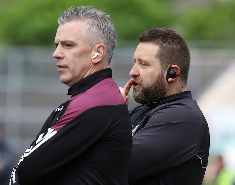 Galway manager Pádraic Joyce and Cian O'Neill during the 2022 Connacht Football Championship semi-final against Leitrim - the two have found that their views on the game chime with each other. Photograph: Lorraine O’Sullivan/Inpho