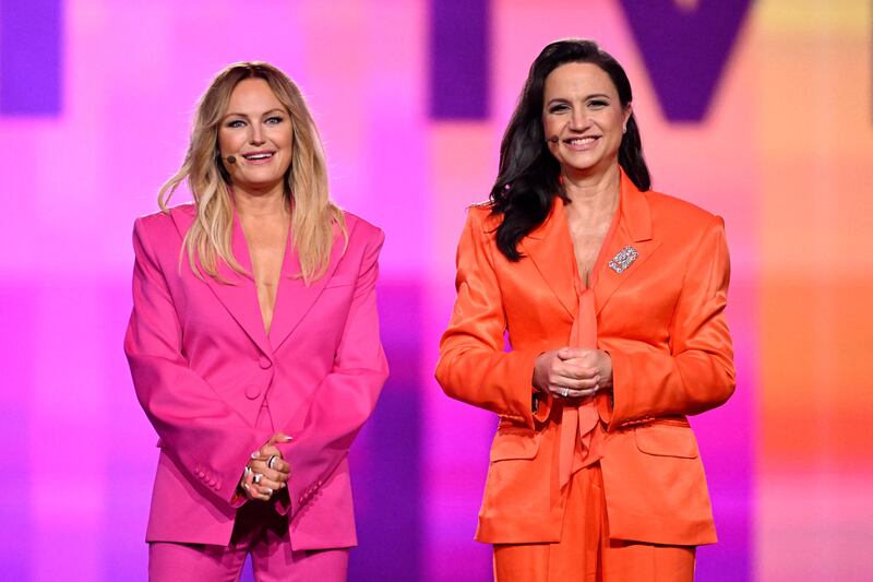 Malin Åkerman (left) and Petra Mede during a rehearsal for tonight's semi-final. Photograph: Jessica Gow/AFP via Getty