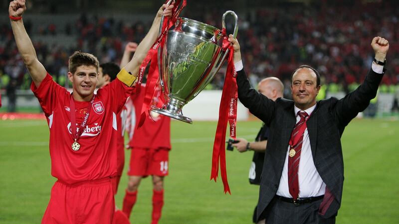 Liverpool captain Steven Gerrard and manager Rafael Benitez lift the European Cup in Istanbul, 2005. Photograph: Mike Hewitt/Getty Images