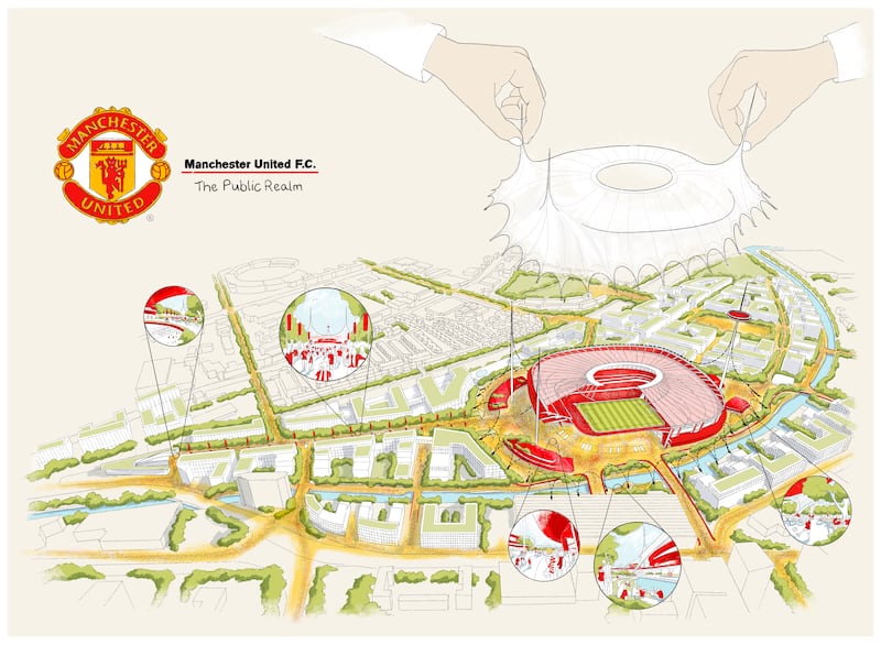 Undated handout provided by Foster + Partners of a conceptual image of what the new Manchester United stadium and surrounding area could look like. Photograph: Foster + Partners/PA