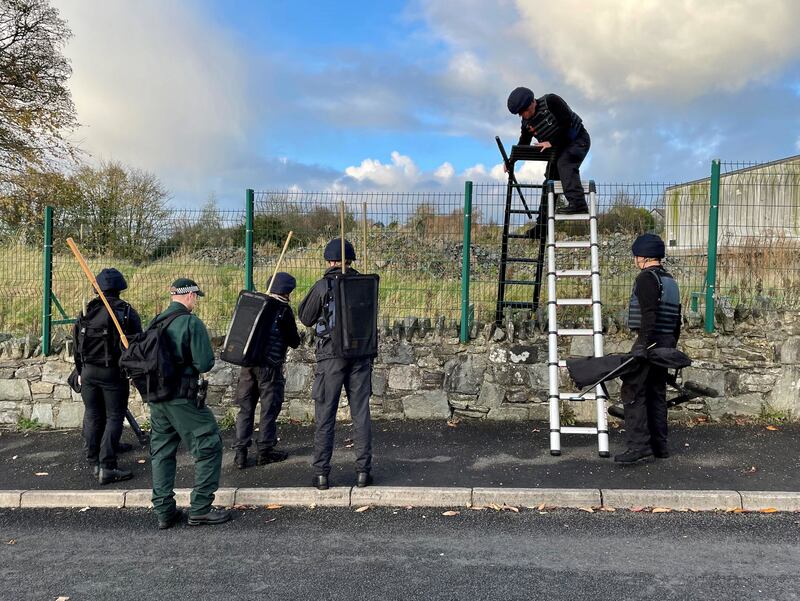 Army search teams assisted by the PSNI at the scene of the bomb attack on officers in Strabane. Photograph: PA