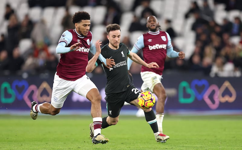 West Ham's Jean-Clair Todibo battles with Liverpool's Diogo Jota during a Premier League game at London Stadium on December 29th. Photograph: Julian Finney/Getty Images