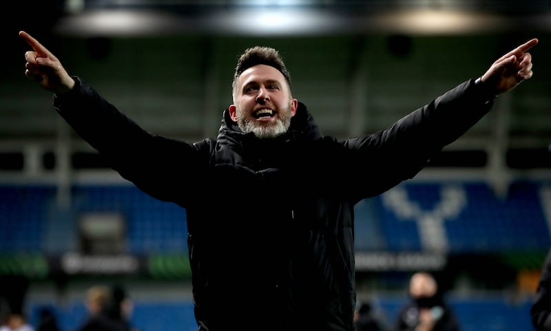 Rovers’ head coach Stephen Bradley celebrates. Photograph: Ryan Byrne/Inpho