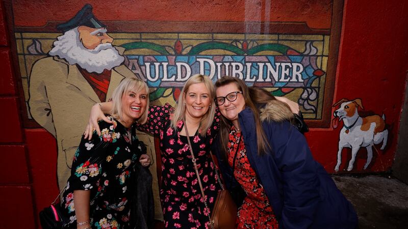 Welsh rugby fans Sarah Jarvis, Sarah McCauley, and Dionne Munn from Cwmbran in Temple Bar on Friday. Photograph: Alan Betson / The Irish Times