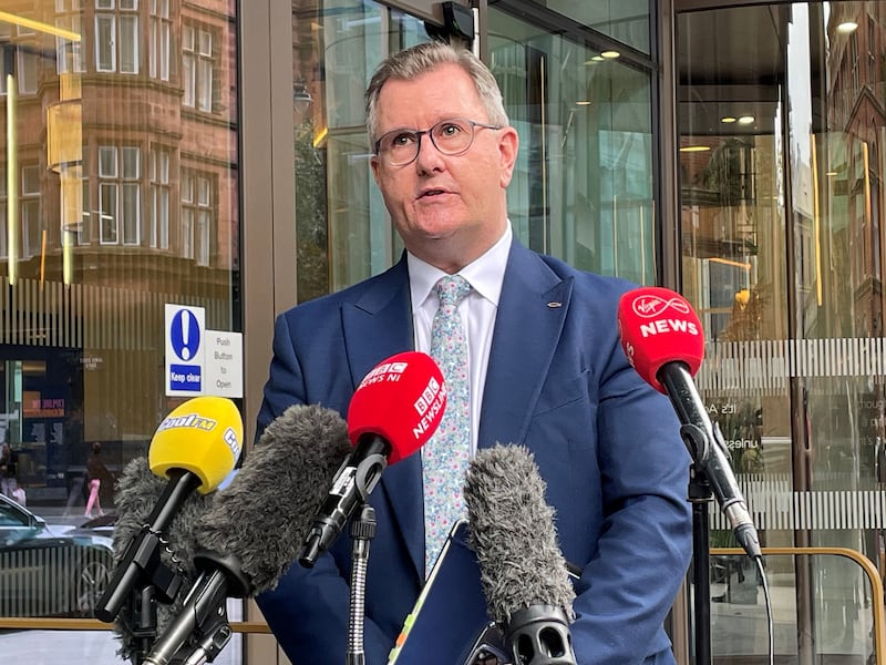 DUP leader Jeffrey Donaldson said his party continues to engage with the British government regarding the Stormont impasse. Photograph: Rebecca Black/PA 
