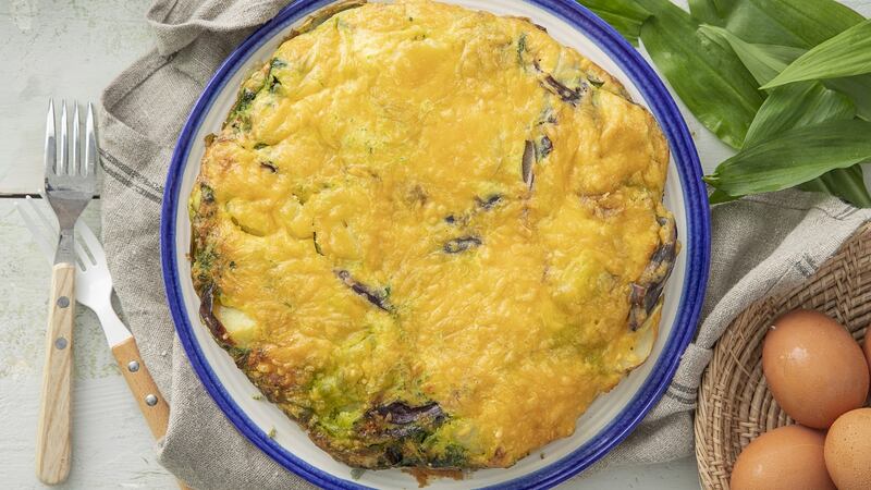 Cheese, onion and wild garlic frittata