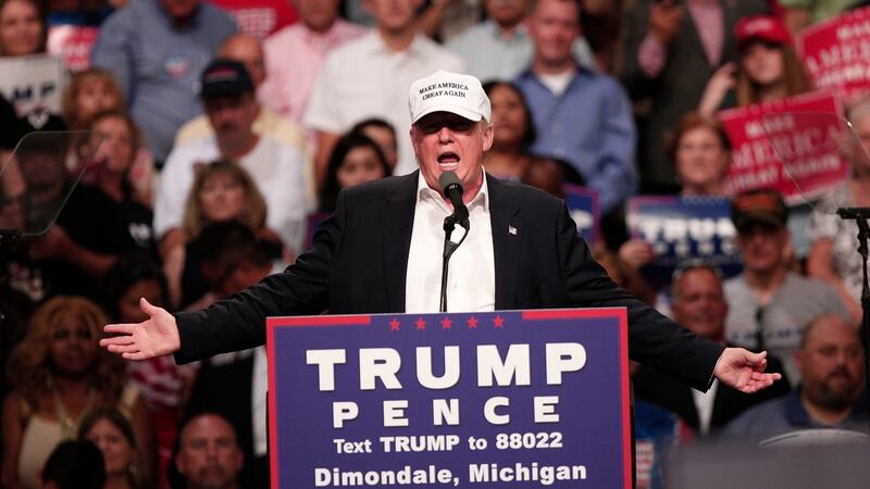 Republican presidential nominee Donald Trump speaks at a campaign rally August 19th, 2016 in Dimondale, Michigan. Photograph: Bill Pugliano/Getty Images