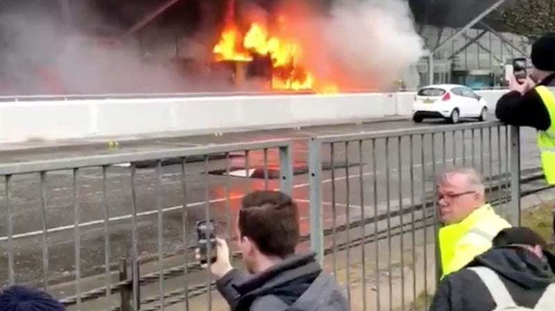 Fire is seen outside Stansted airport  in this still image obtained from social media video. Photograph: Reuters