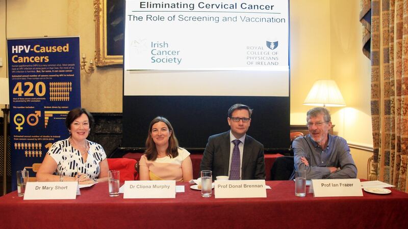 Dr Mary Short, Dr Cliona Murphy, Prof Ian Brennan and Prof Ian Frazer at the Irish Cancer Society conference on  HPV. Photograph: Garrett White/ Collins Photo Agency